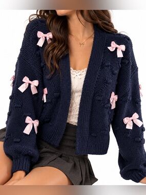 Threaded Leaf Navy Pink Bow Cardigan Dark Girly Shōjo Ribboncore Large